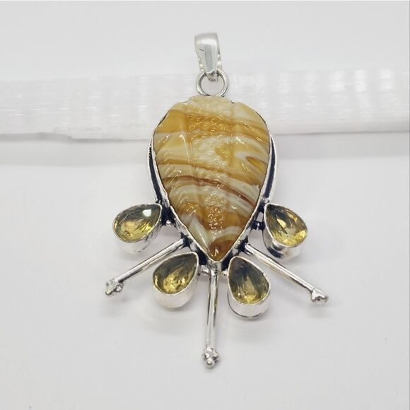 Carved Botswana Agate Citrine Ethnic Handmade Pendant Jewelry 2.72" - Picture 3 of 6